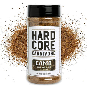Hardcore Carnivore Camo on venison steak for bold game flavor.