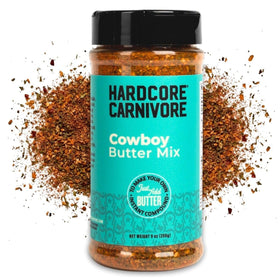 Hardcore Carnivore Cowboy Butter Mix shaker on counter ready to season meats.