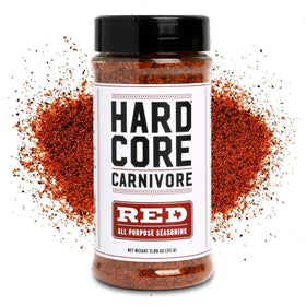 Hardcore Carnivore Red jar label shows bold Texas flavor for grilling.
