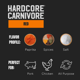 Hardcore Carnivore Red on chicken thigh highlighting savory spices.