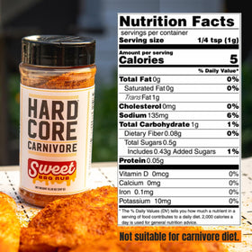 Hardcore Carnivore Sweet BBQ Seasoning canister on pantry, gluten-free and no MSG.