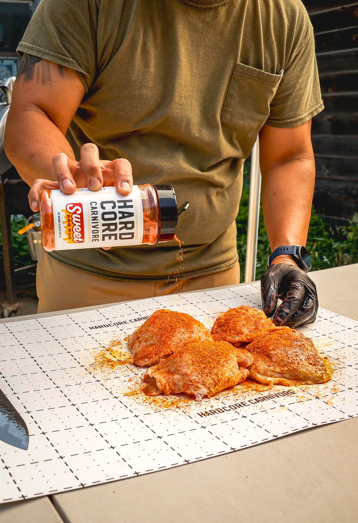 Hardcore Carnivore Sweet BBQ Seasoning on pulled pork, adds rich flavor.
