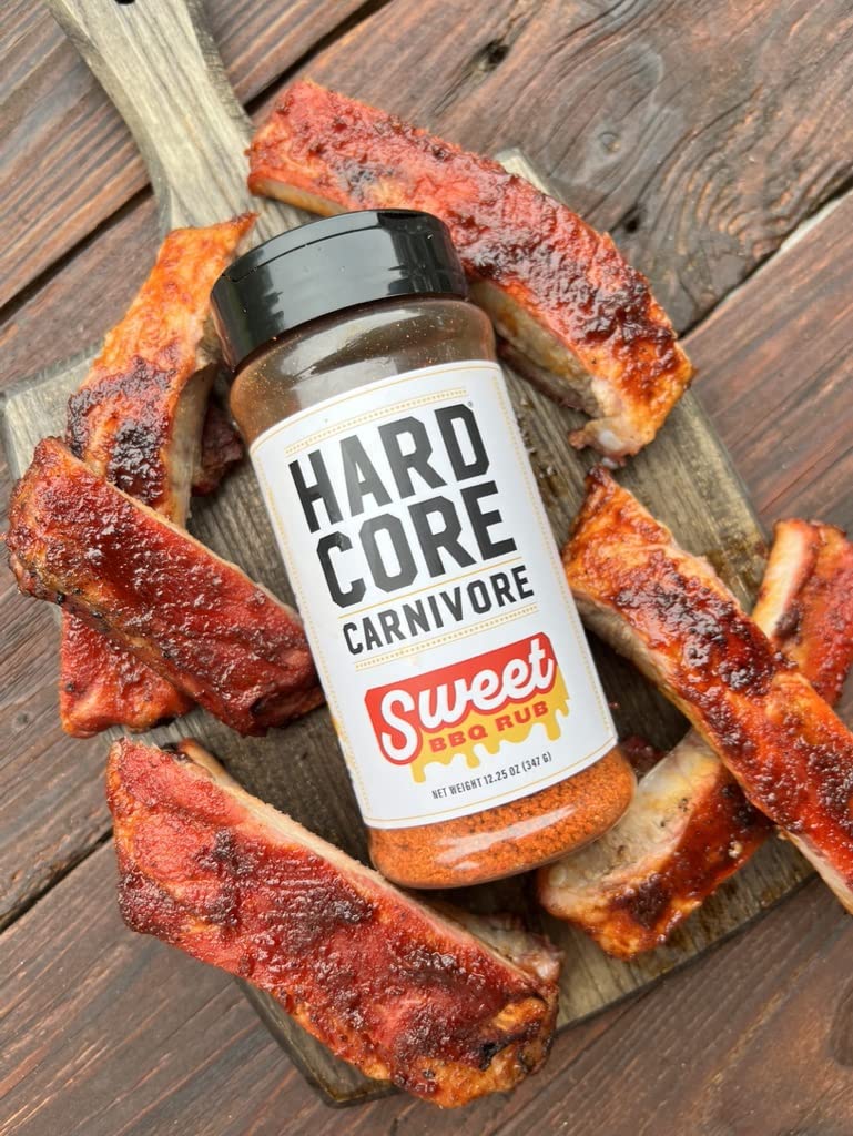 Hardcore Carnivore Sweet BBQ Seasoning on ribs prep, enhances savory-sweet crust.