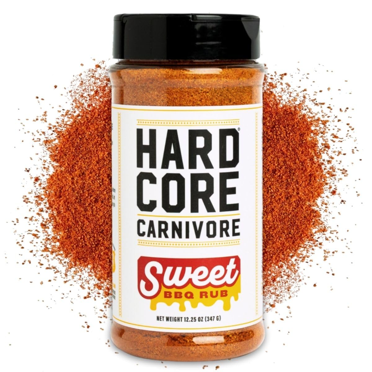 Hardcore Carnivore Sweet BBQ Seasoning jar close-up, premium Texas-made blend for pork and ribs.
