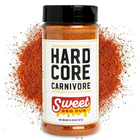Hardcore Carnivore Sweet BBQ Seasoning jar close-up, premium Texas-made blend for pork and ribs.