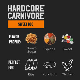 Hardcore Carnivore Sweet BBQ Seasoning shaker on counter, ideal for backyard grilling.