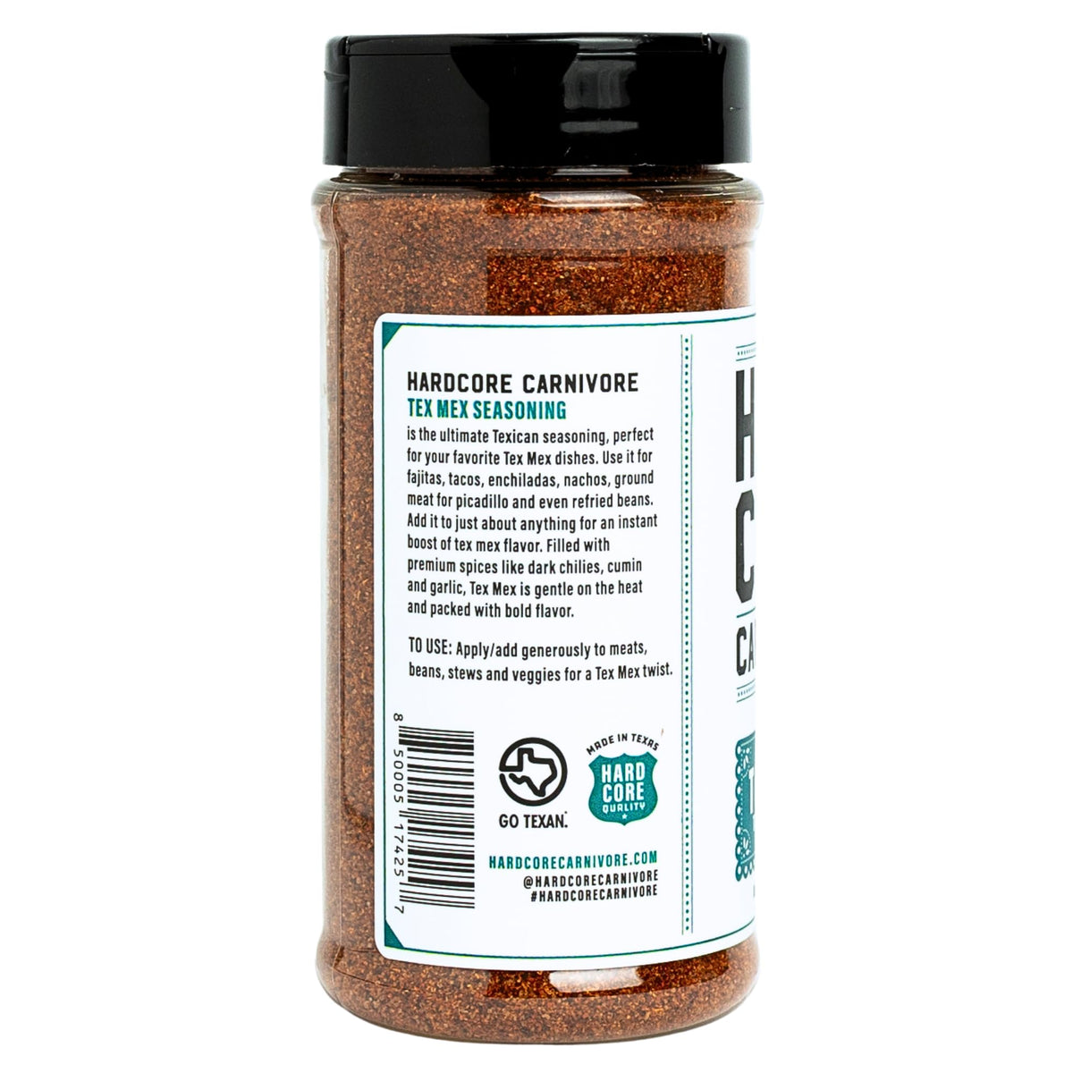 Hardcore Carnivore Tex Mex shaker closeup ready for everyday cooking.