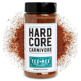 Hardcore Carnivore Tex Mex taco seasoning on tacos for bold flavor boost.