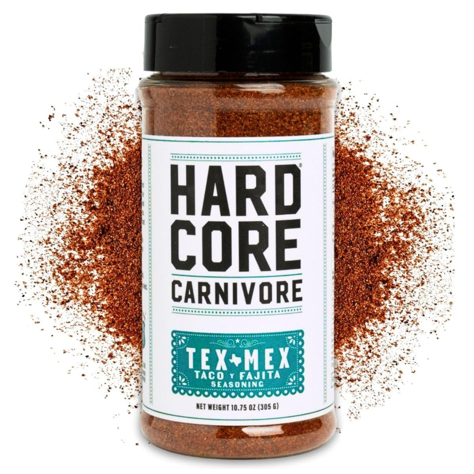 Hardcore Carnivore Tex Mex taco seasoning on tacos for bold flavor boost.