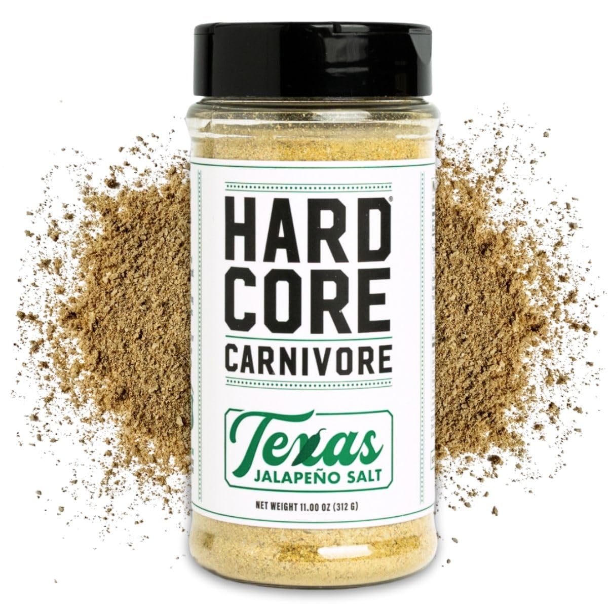 Hardcore Carnivore Texas Jalapeno Salt bottle highlighting bold flavor for meats and veggies.