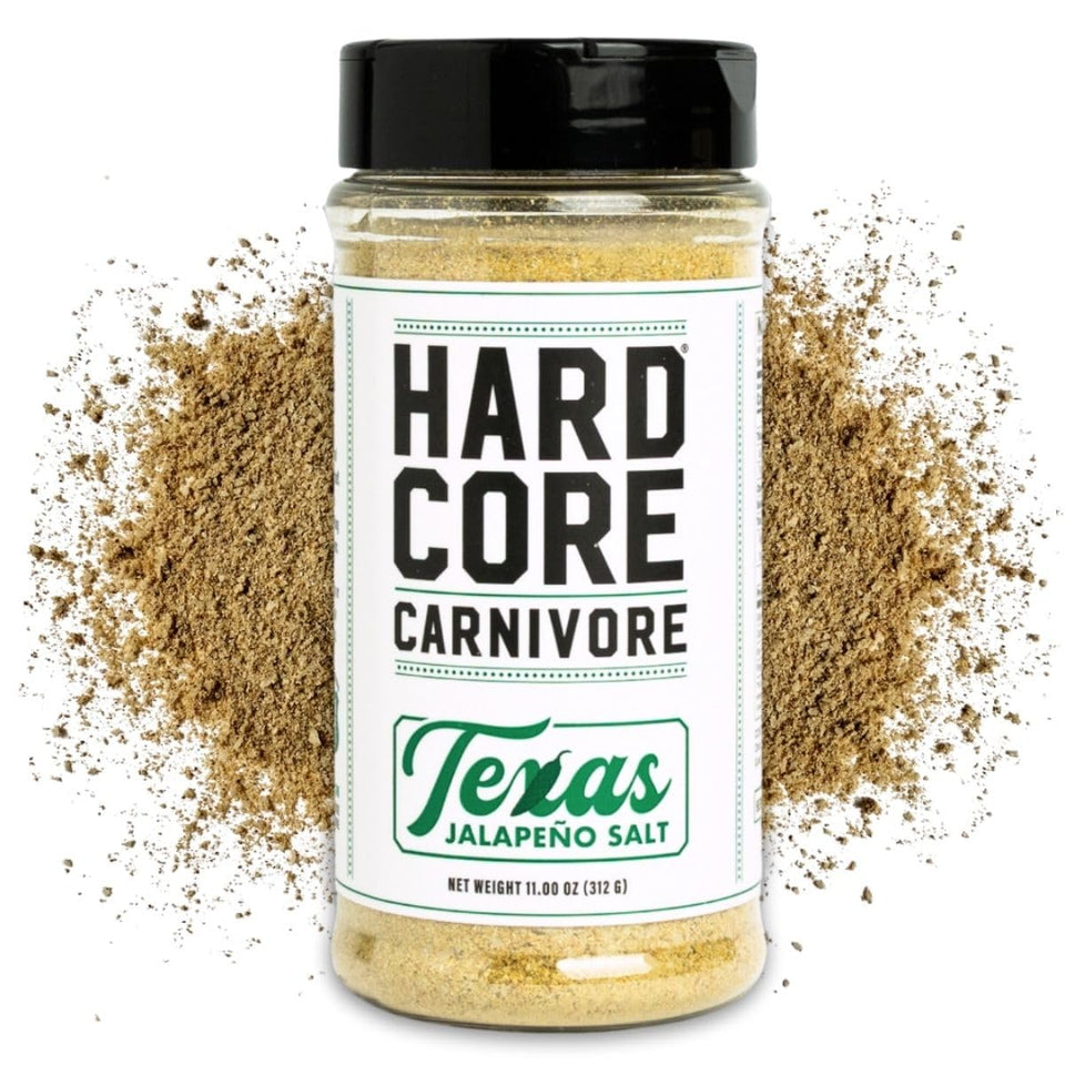 Hardcore Carnivore Texas Jalapeno Salt bottle highlighting bold flavor for meats and veggies.