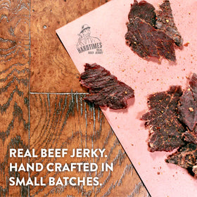 Open bag of Hardtimes Original Beef Jerky reveals savory chew