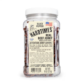 Hardtimes beef jerky jar front view with black pepper flakes for a bold, savory snack.