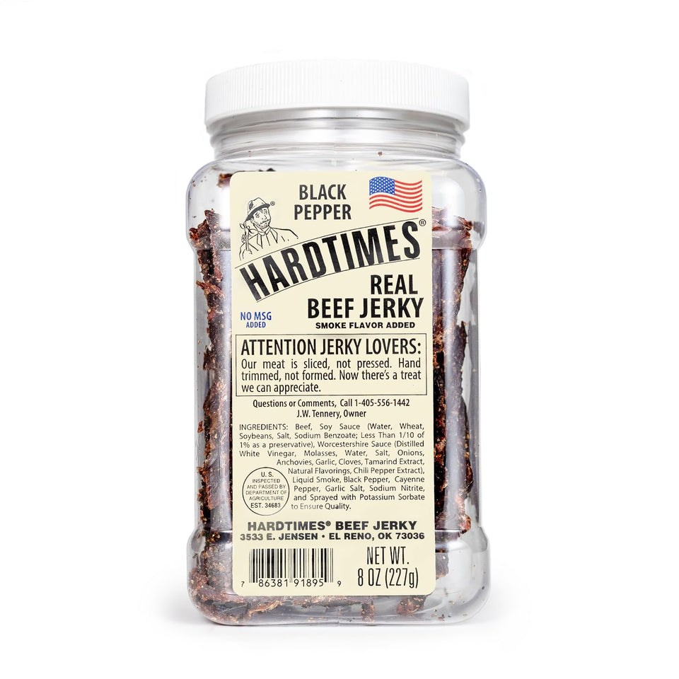 Hardtimes beef jerky jar front view with black pepper flakes for a bold, savory snack.