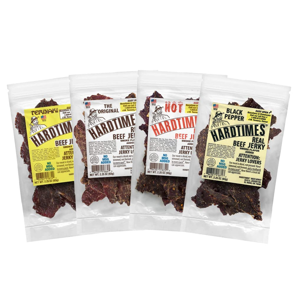 Hardtimes beef jerky variety pack display shows bold flavors for on-the-go snacking.