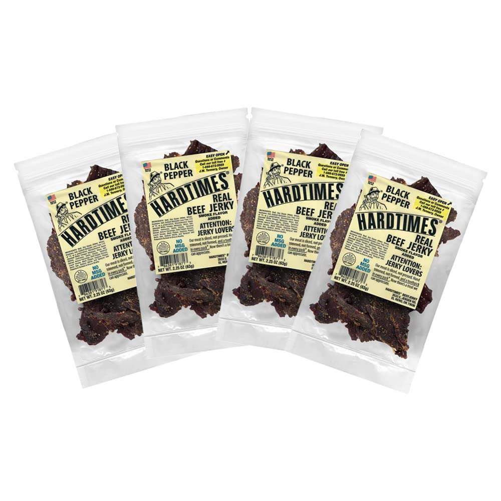 Hardtimes Black Pepper Beef Jerky four-pack bag closeup, protein-packed snack on the go.
