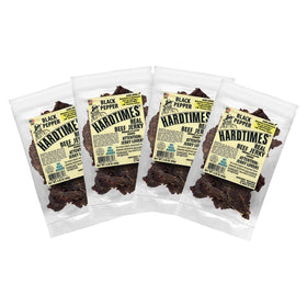 Hardtimes Black Pepper Beef Jerky four-pack bag closeup, protein-packed snack on the go.