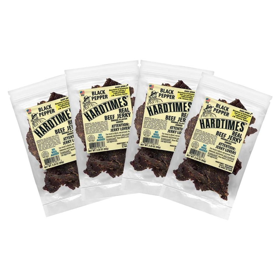 Hardtimes Black Pepper Beef Jerky four-pack bag closeup, protein-packed snack on the go.