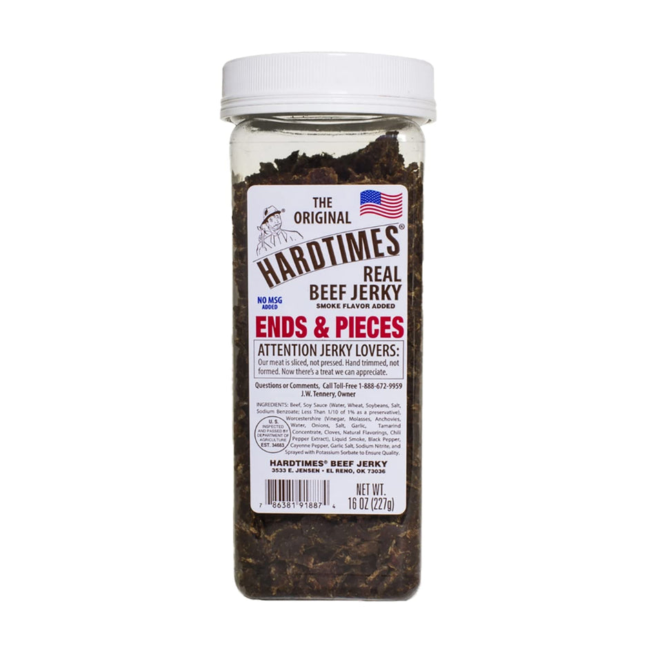 Hardtimes Ends and Pieces beef jerky jar front view showcases original flavor for a savory snack.
