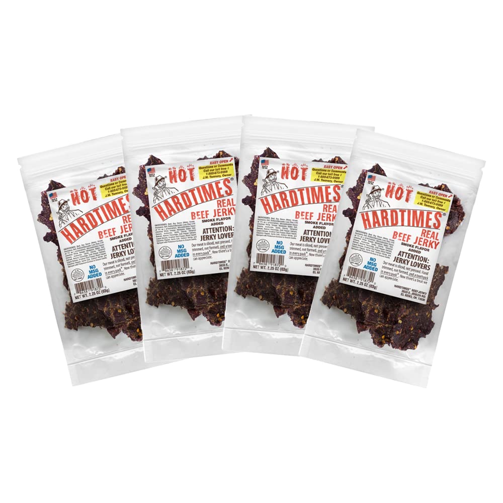 Hardtimes Hot Beef Jerky bags close-up highlighting bold heat for snacking.
