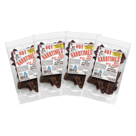 Hardtimes Hot Beef Jerky bags close-up highlighting bold heat for snacking.