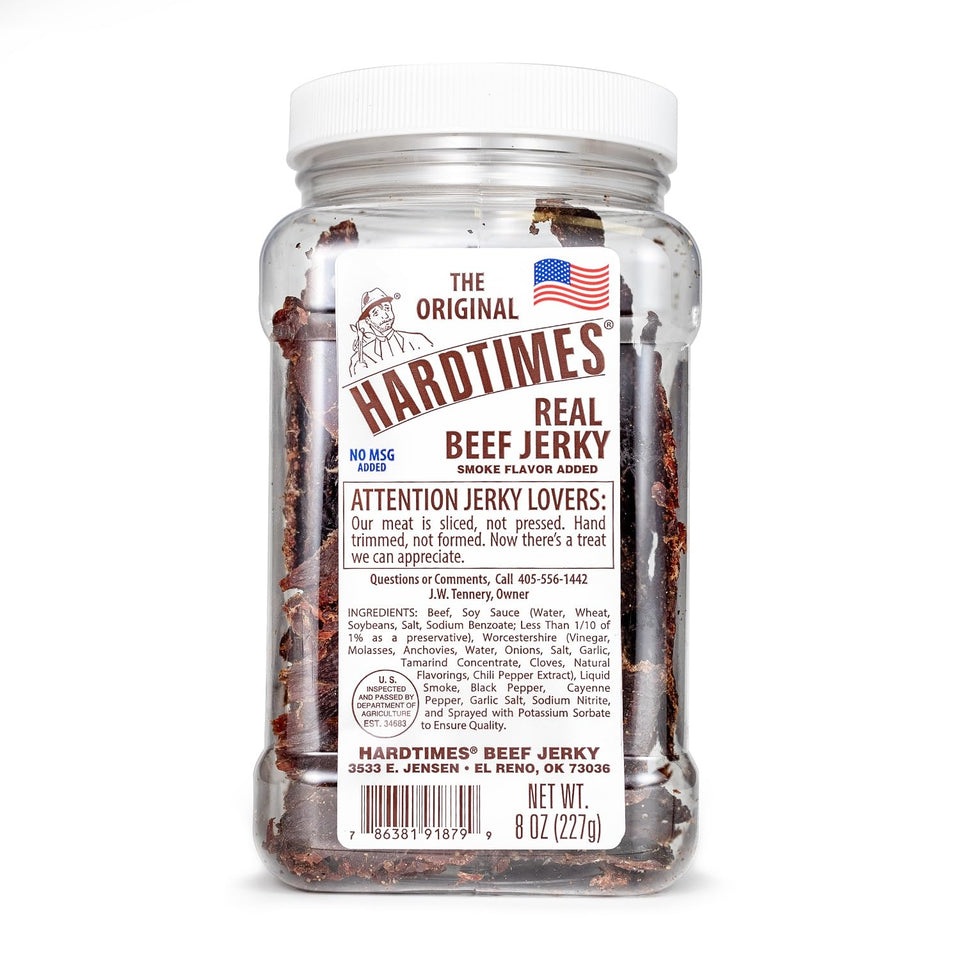 Hardtimes Original Beef Jerky jar label showcases nostalgic flavor and craft