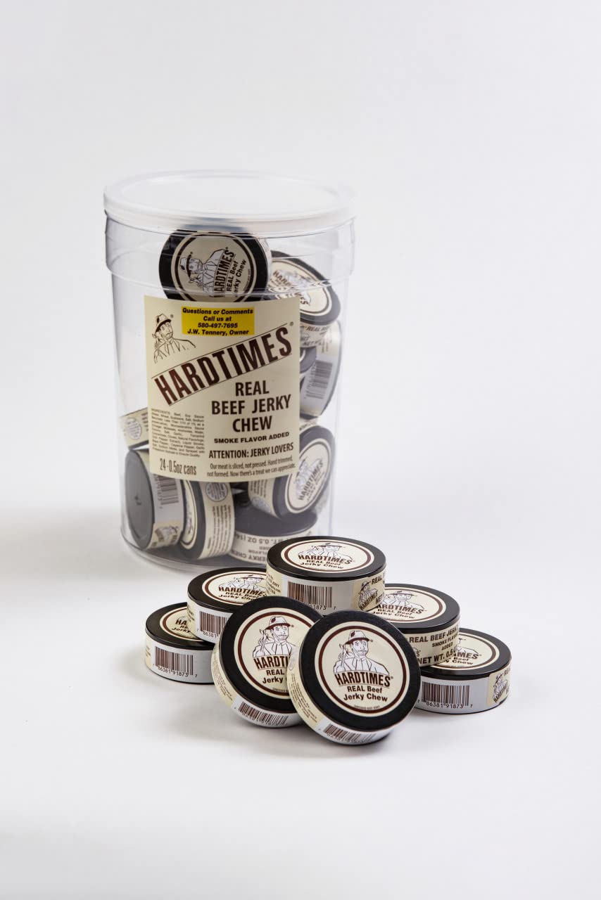 Hardtimes Original Jerky half-ounce can front view, ideal portable snack for busy days.