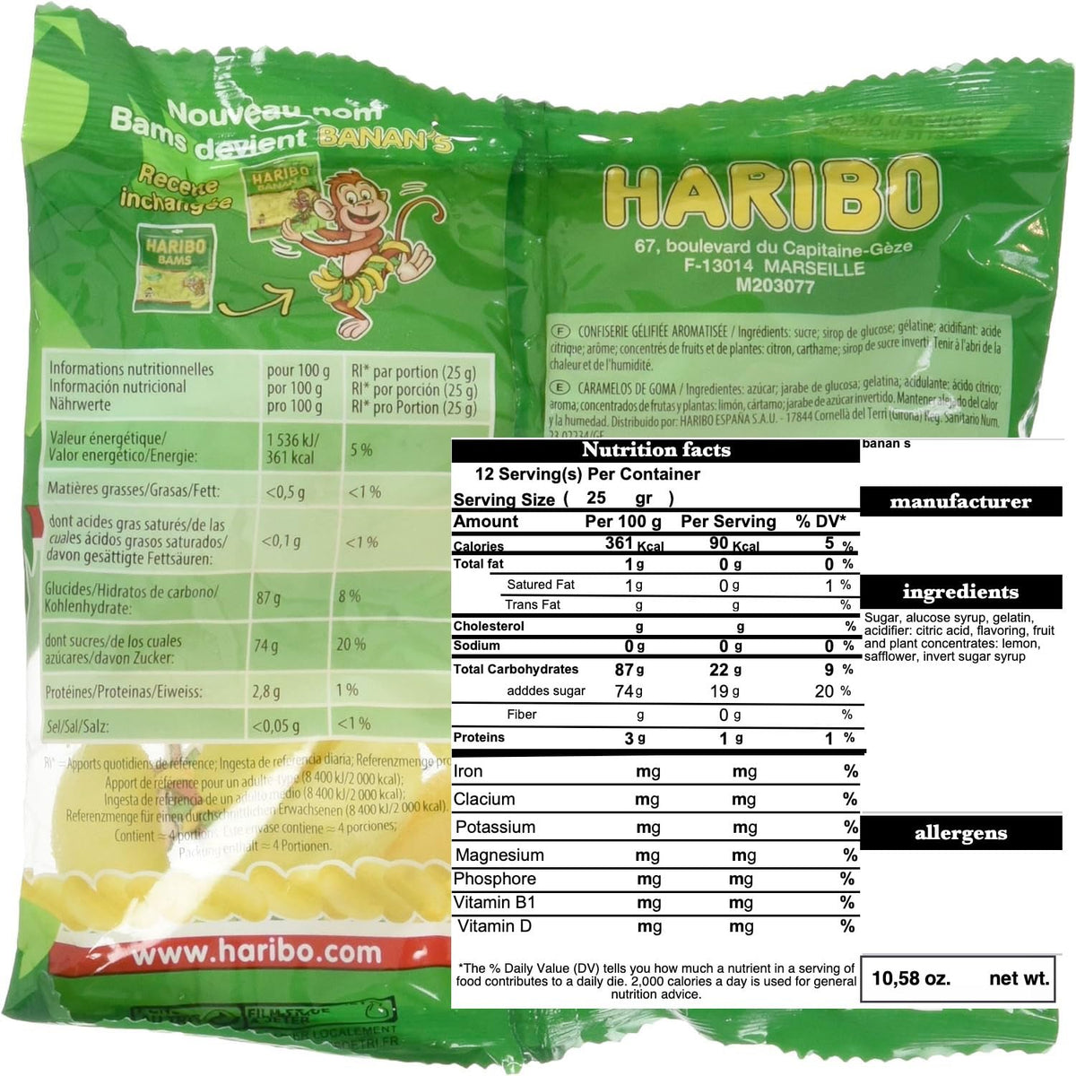 Haribo Bananas back panel view, France-made branding for quality.