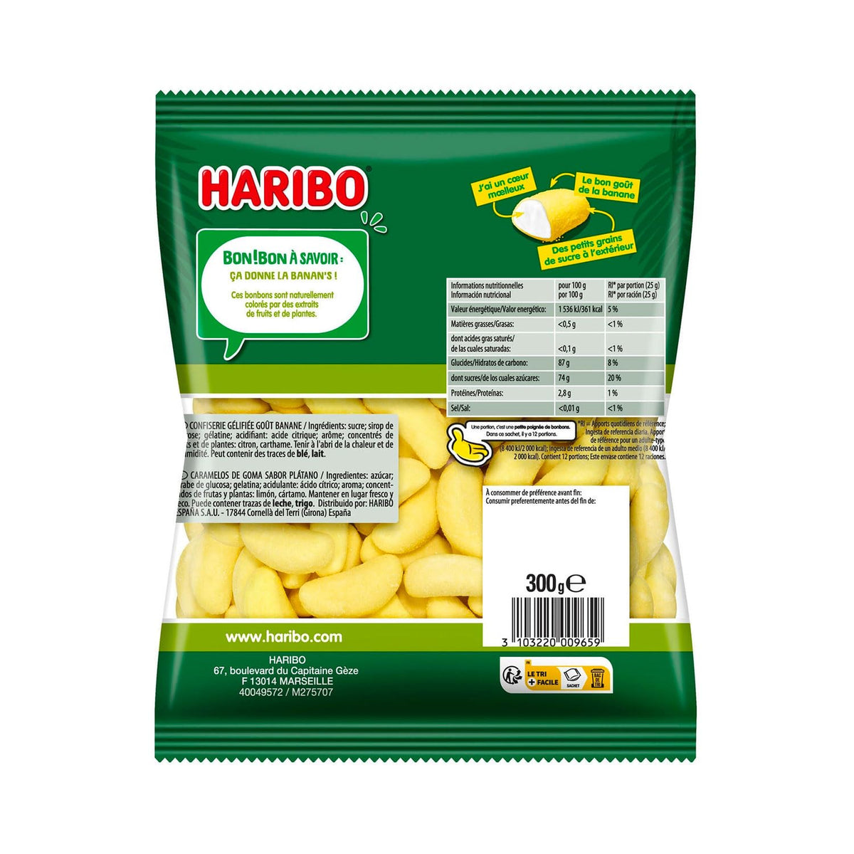 Haribo Bananas France-origin label close-up, premium choice.