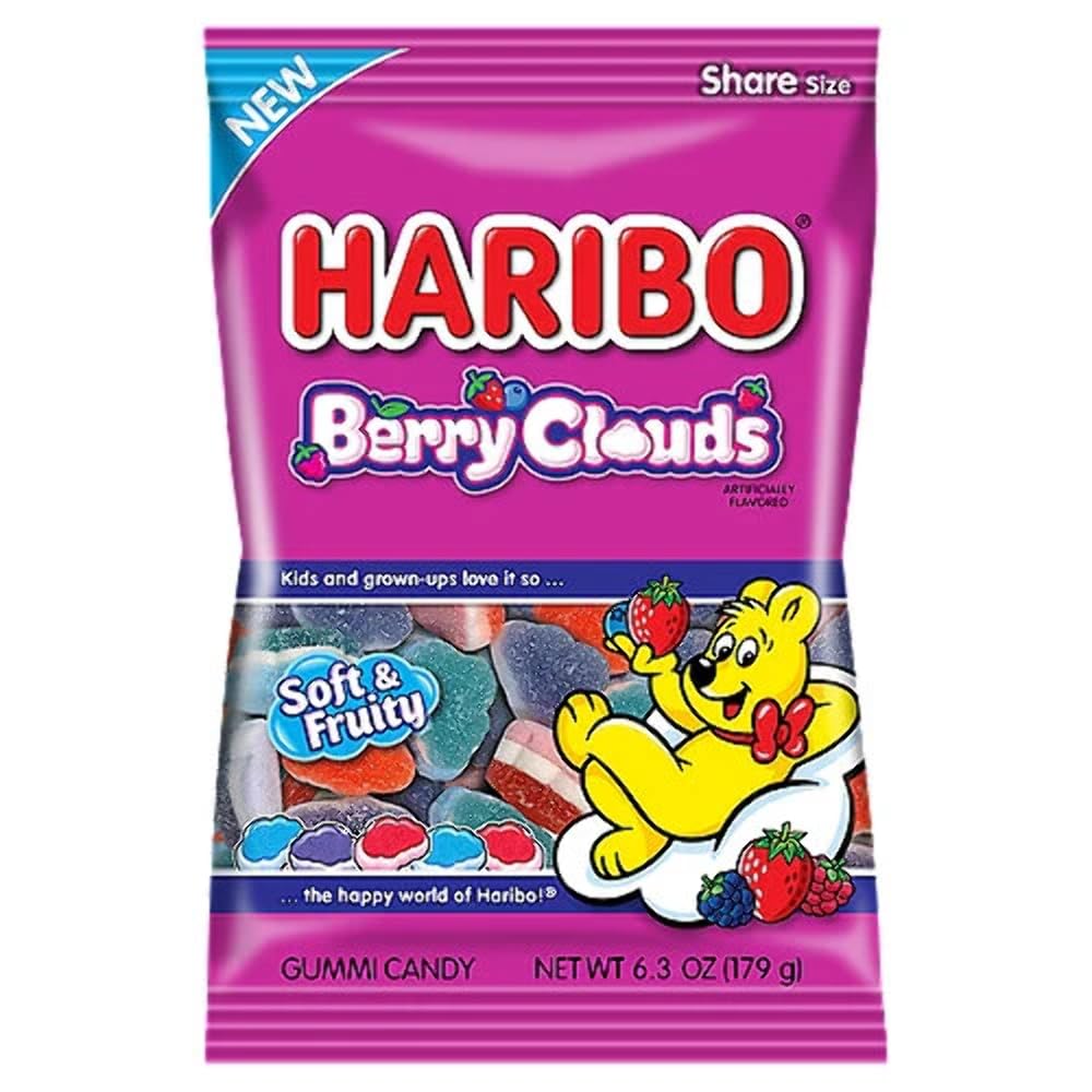 Haribo Berry Clouds triple-layer foam gummi in cloud shapes for a playful, shareable snack.