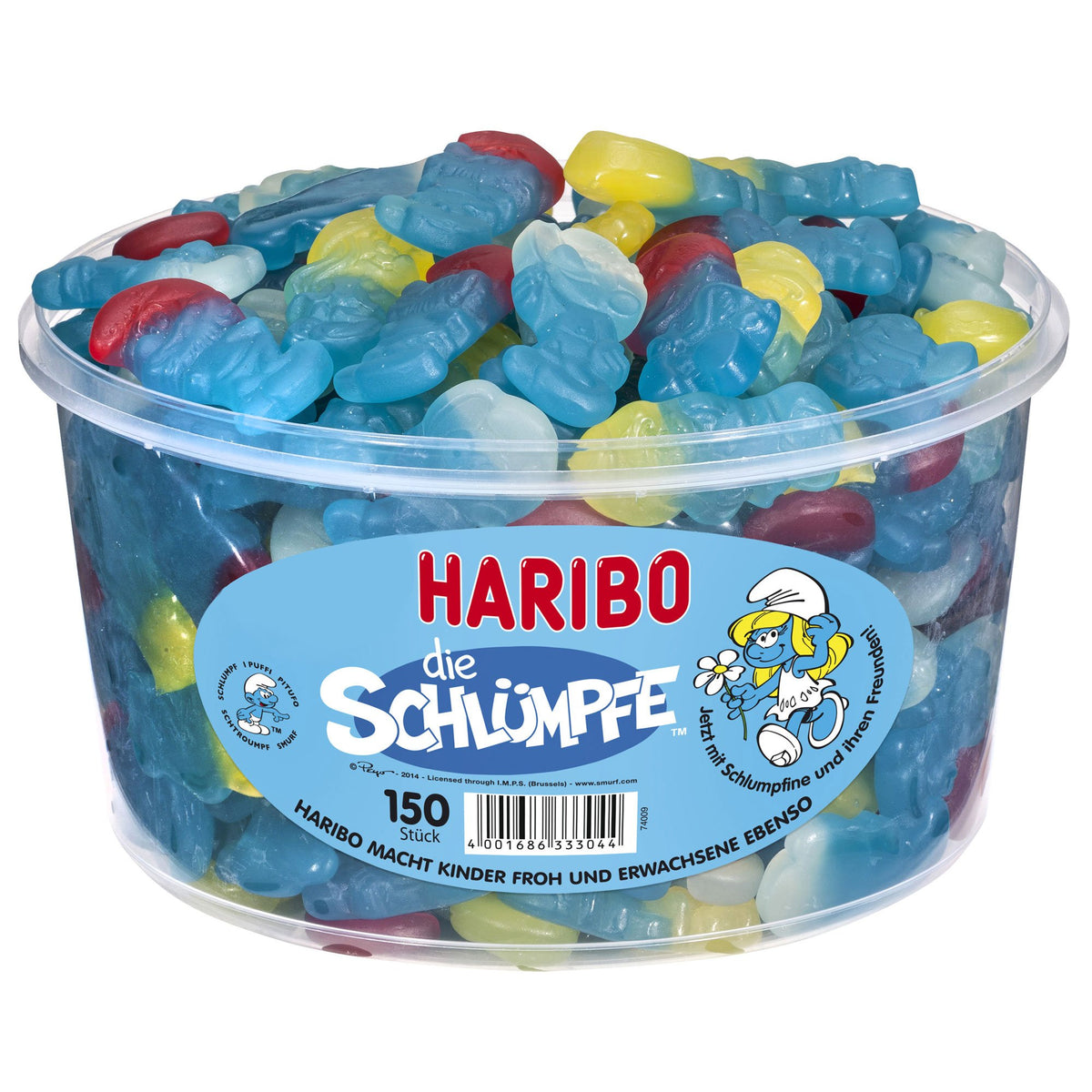 Haribo Die Schluempfe blue Smurf gummies in tub with red or white caps, ideal for sharing