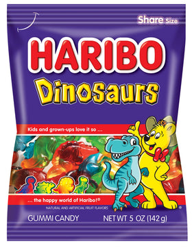 Haribo Dinosaurs gummy candy bag shows playful dino shapes and fruity flavors for snacking.