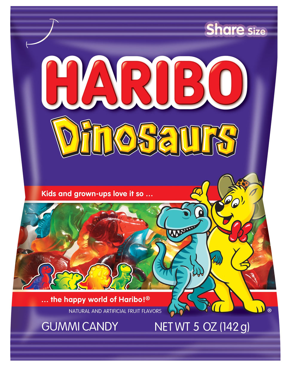 Haribo Dinosaurs gummy candy bag shows playful dino shapes and fruity flavors for snacking.