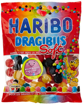 Haribo Dragibus Soft bag front showing colorful gummies, ideal for sharing