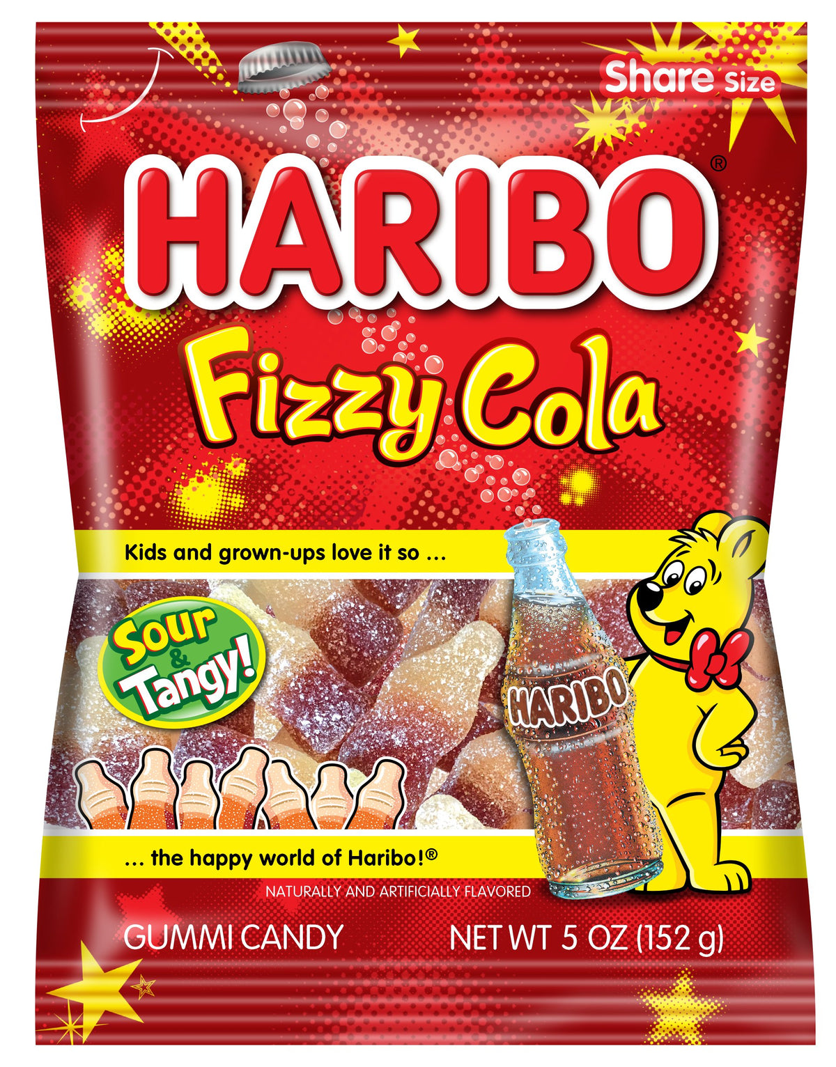 Haribo Fizzy-Cola gummy bottle close-up, refreshing cola flavor for snacking.