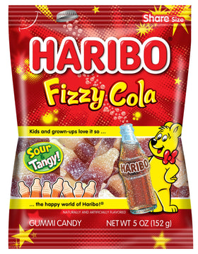 Haribo Fizzy-Cola gummy bottle close-up, refreshing cola flavor for snacking.