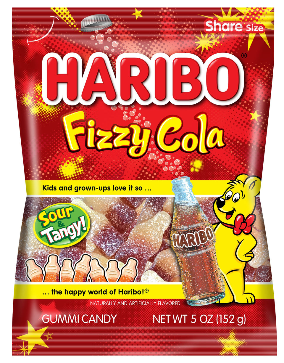 Haribo Fizzy-Cola gummy bottle close-up, refreshing cola flavor for snacking.