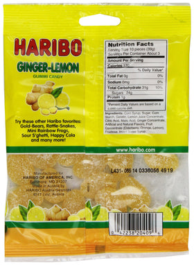 HARIBO Ginger-Lemon gummy bag closeup highlights chewy texture for snackable moments.