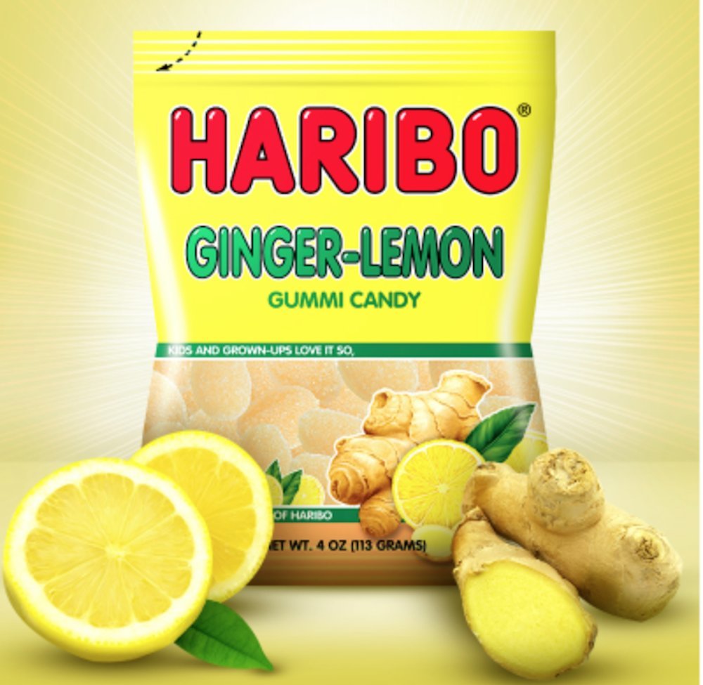 HARIBO Ginger-Lemon gummy plate snacks, colorful and inviting for desserts.