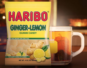 HARIBO Ginger-Lemon gummy texture closeup showcases soft bite-sized candy.