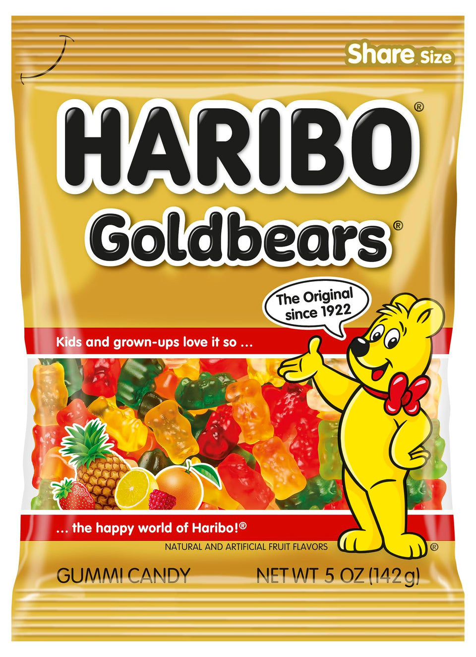 Haribo Goldbears bag front view, a colorful candy ideal for sharing at gatherings.