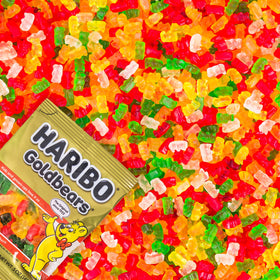 Haribo Goldbears close-up, multicolor gummies and five fruity flavors.