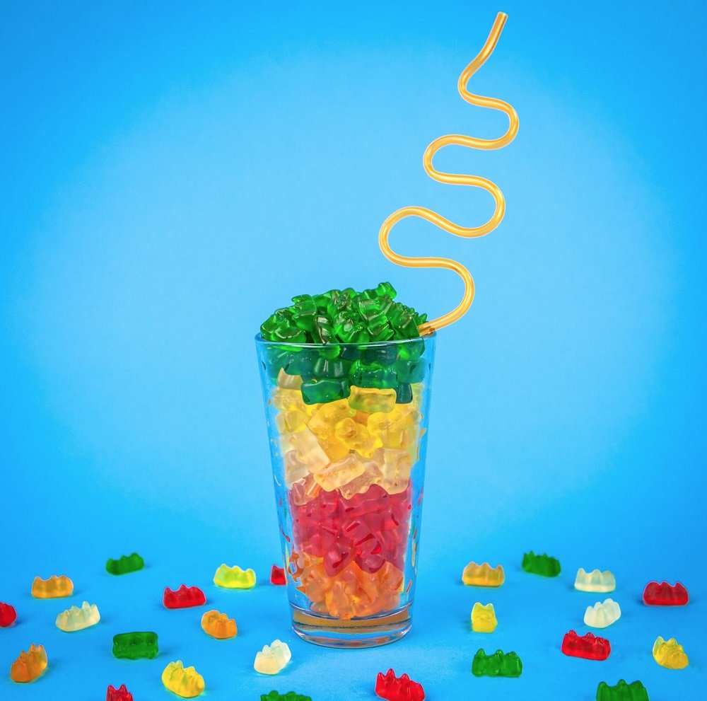 Close-up of Goldbears flavors: lemon, orange, pineapple, raspberry, strawberry.