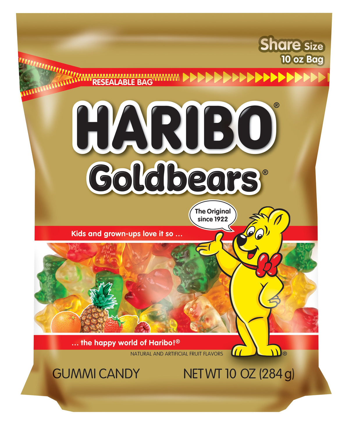 HARIBO Original Goldbears bag front for convenient snacking.