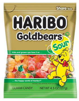 Haribo Goldbears Sour unopened bag close-up, tangy candy ready for snacking.