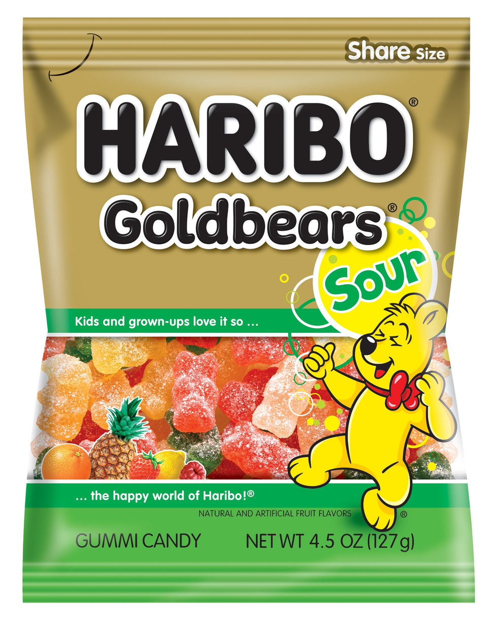 Haribo Goldbears Sour unopened bag close-up, tangy candy ready for snacking.
