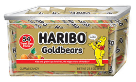 Haribo Goldbears tub front view, iconic candy assortment for sharing and gifting.