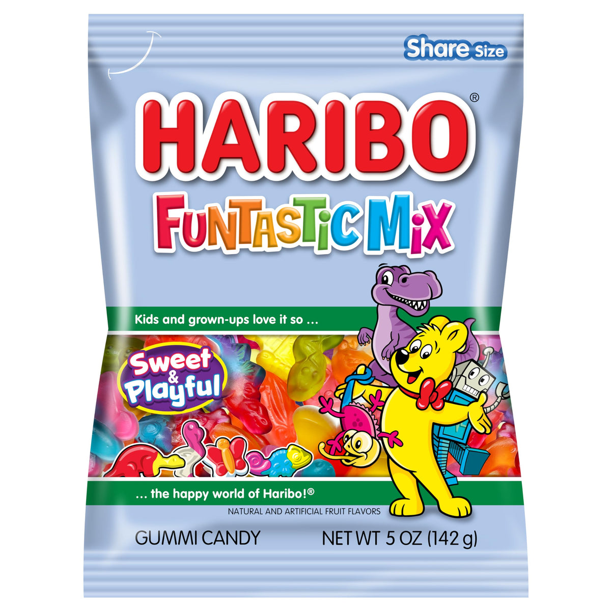 Haribo Gummi Candy Funtastic Mix bag with race cars and robots, great for sharing at parties.