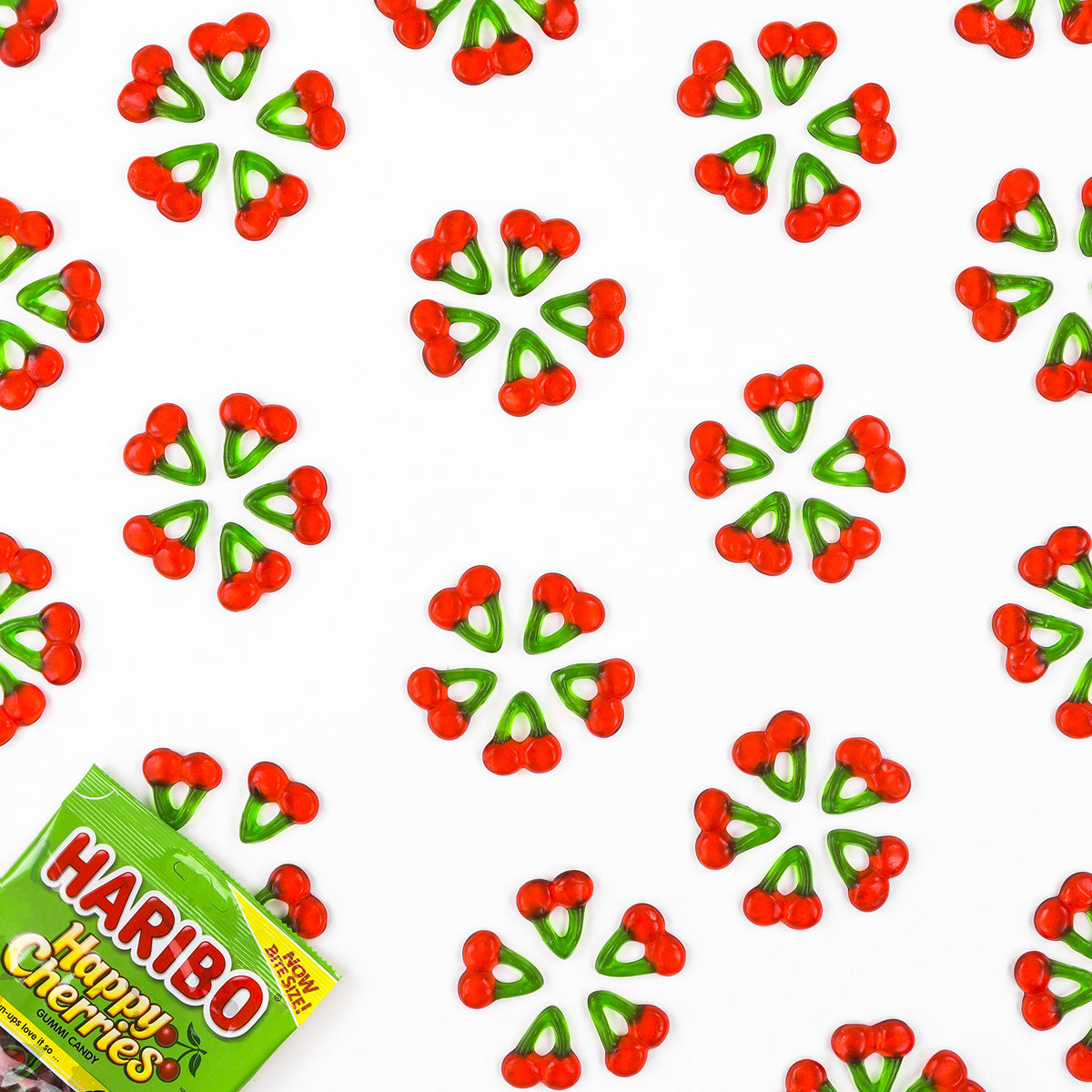 Haribo Happy Cherries closeup gummies emphasizes vibrant colors and bite-sized shape.