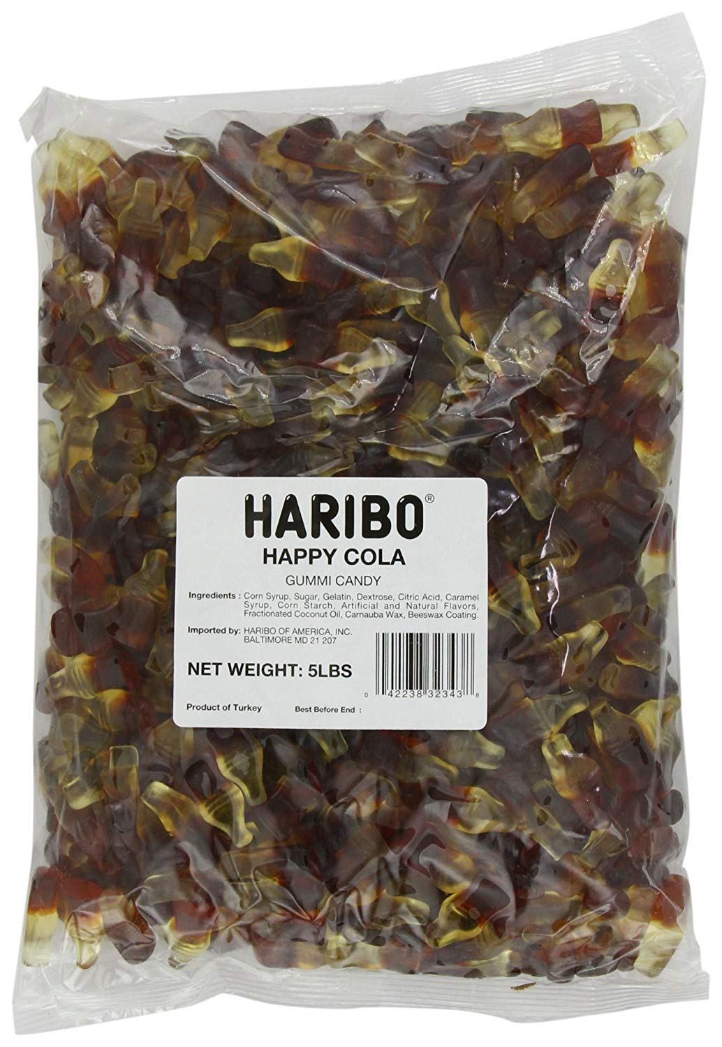 Haribo Happy-Cola gummy candy bottle close-up showing cola flavor and chewable texture for sharing